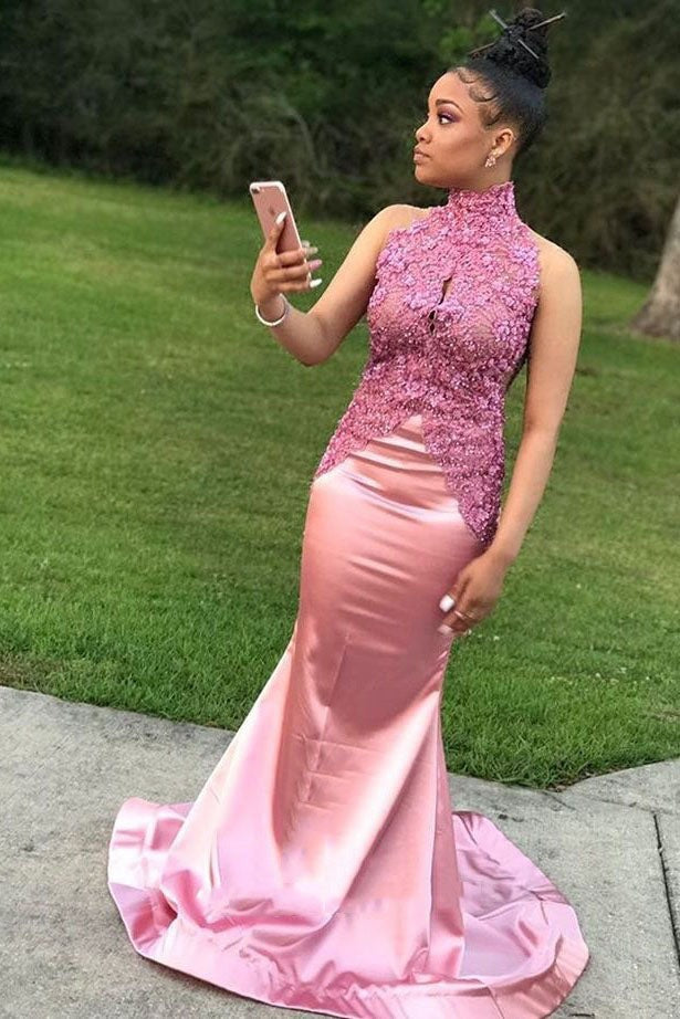 New Arrival Mermaid Pink Elastic Satin High Neck South African Long Prom Dress BD22168
