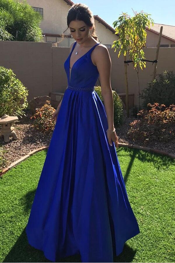 Elegant A Line Satin Royal Blue V Neck Long Prom Dress BD22167
