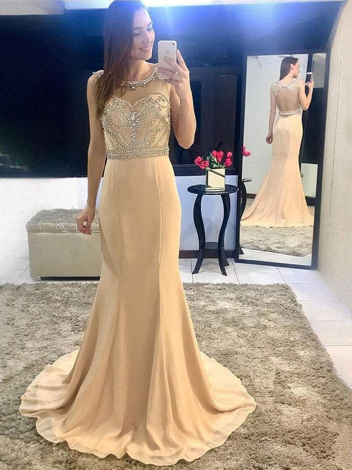 New Arrival Mermaid Chiffon Champagne Beaded Backless Scoop Long Prom Dress,BD22179