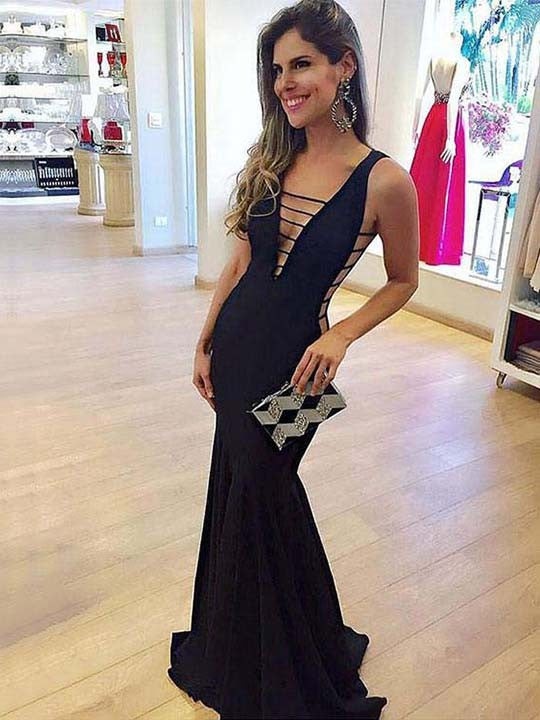 Sexy Black Mermaid Deep V Neck Long Prom Dress BD22170
