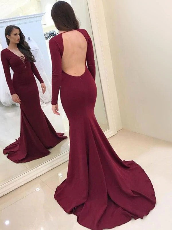 Sexy Mermaid Burgundy Satin Long Sleeves Backless V Neck Long Prom Dress,BD22174