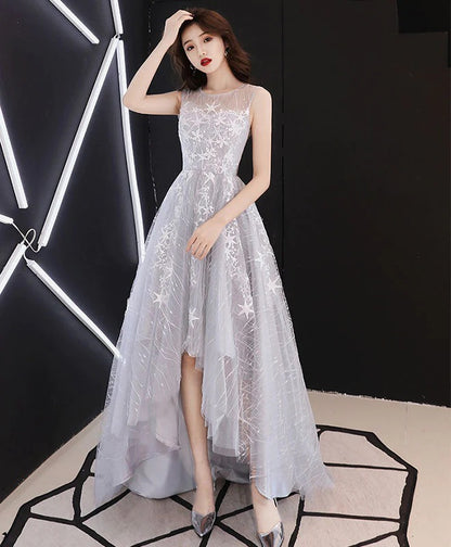 A line Gray Prom Dresses, High Low Gray Homecoming Dresses Lace Formal Graduation Party Dress,BD22199