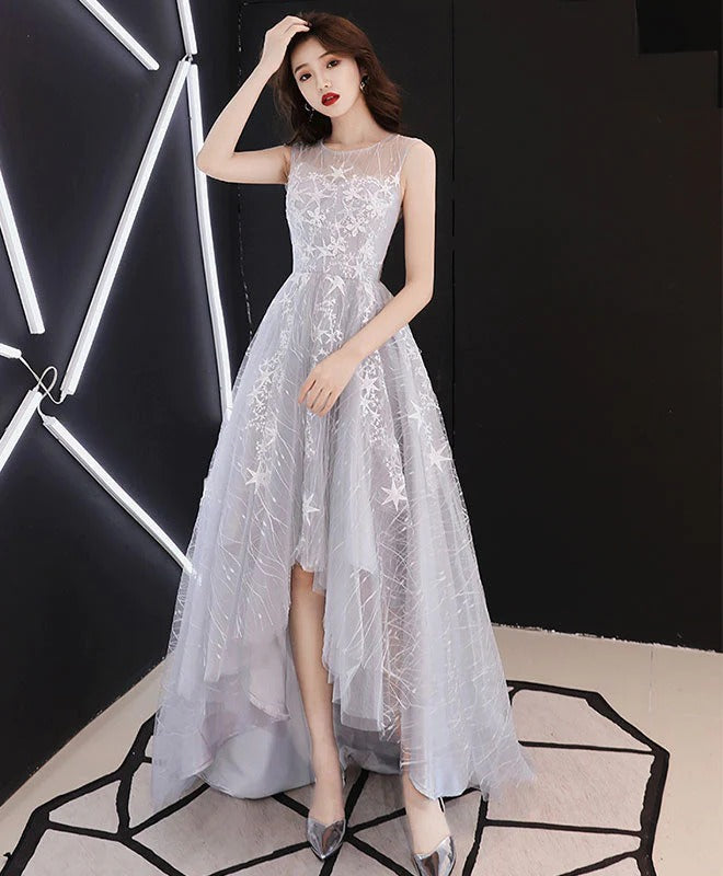 A line Gray Prom Dresses, High Low Gray Homecoming Dresses Lace Formal Graduation Party Dress,BD22199