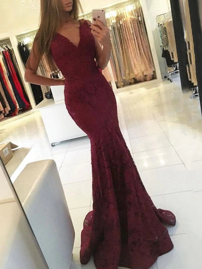 Sexy Mermaid Burgundy V Neck Lace Sleeveless Long Prom Dress BD22152