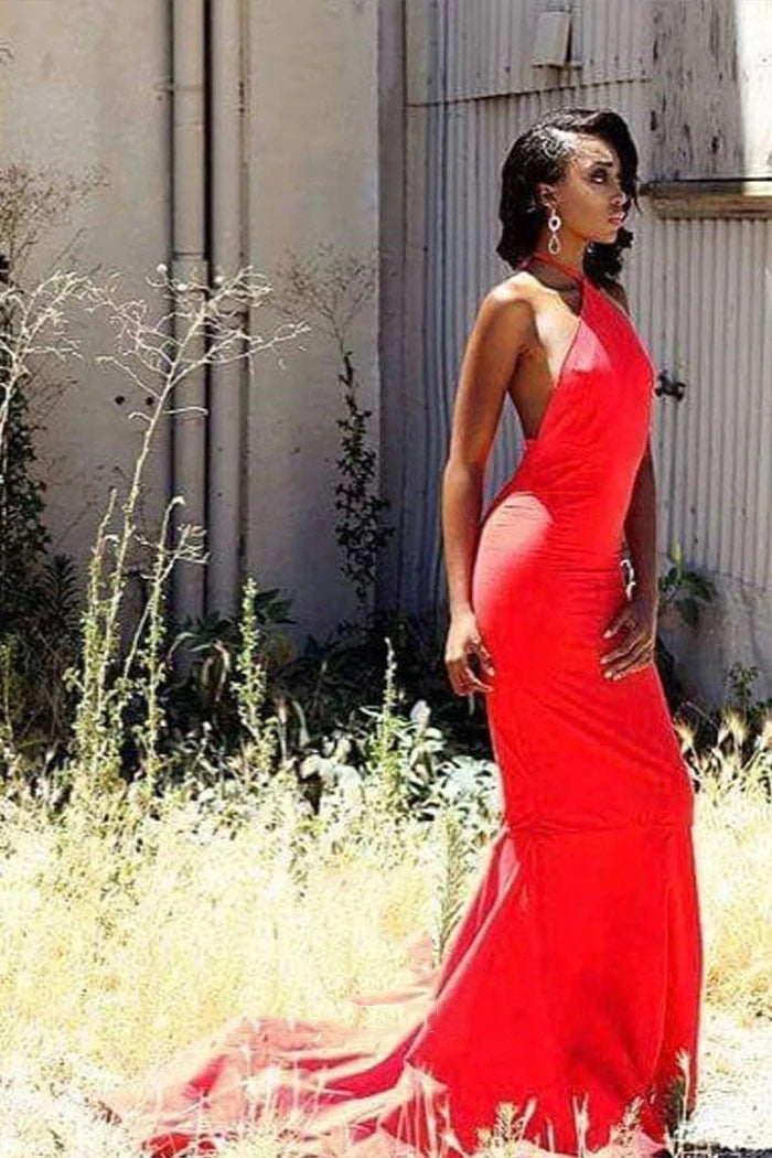 Red Sheath Halter Backless African American Long Prom Dress BD22164