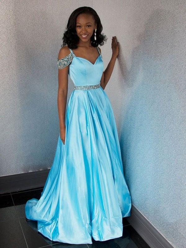 Cheap A Line Sweetheart Off Shoulder Blue Beaded Long Prom Dress,BD22177