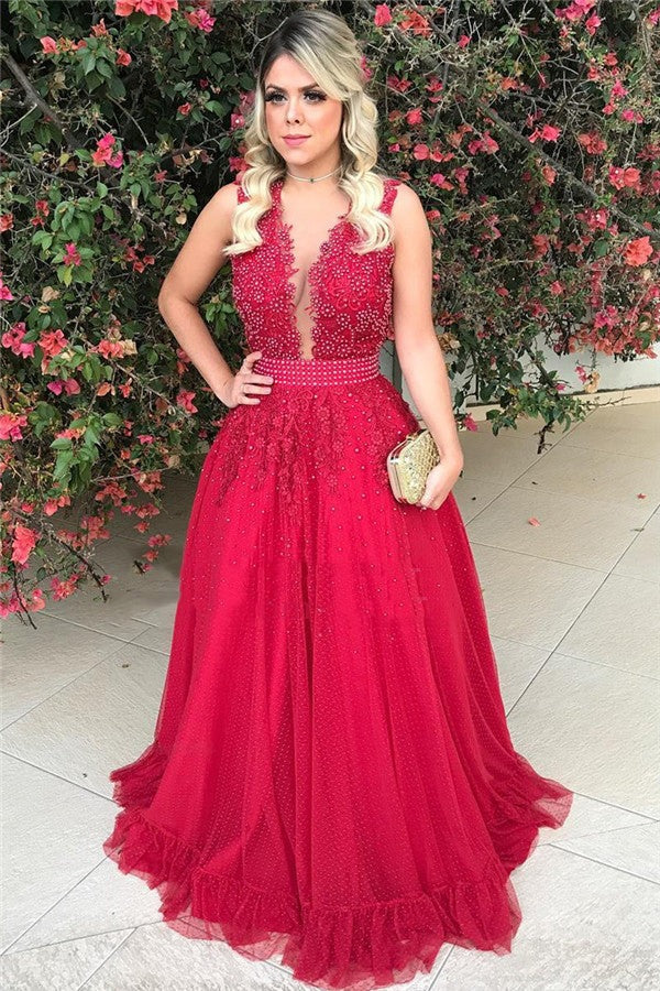 Cheap A Line Tulle Red Beaded Backless Bowknot Back V Neck Long Prom Dress BD22148