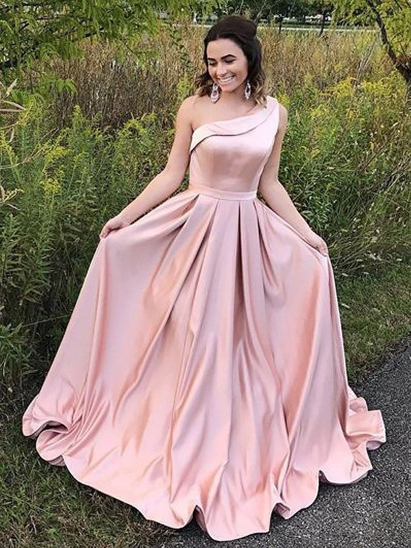 Elegant A Line One Shoulder Satin Pink Long Prom Dress BD22145