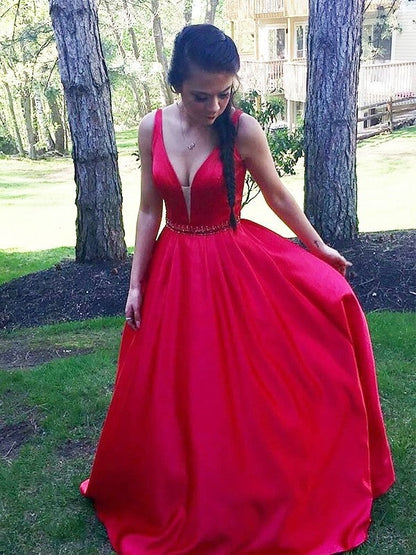 Elegant A Line Satin Red Sweetheart Sleeveless Long Prom Dress BD22163