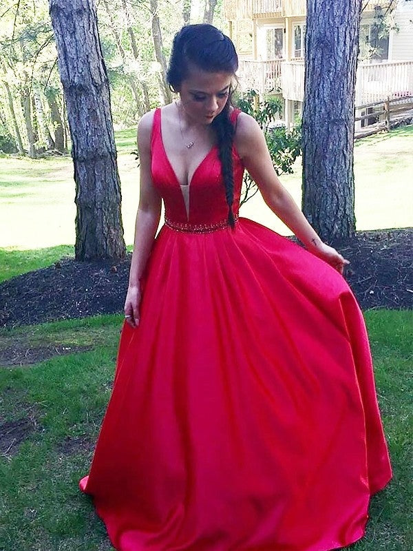 Elegant A Line Satin Red Sweetheart Sleeveless Long Prom Dress BD22163