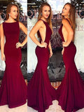 Sexy Burgundy Mermaid Backless Scoop Long Prom Dress BD22173