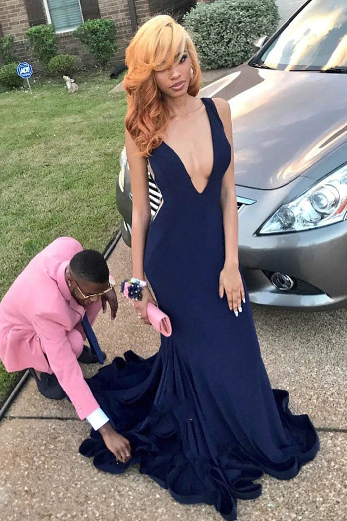 Charming Dark Navy Deep V Neck Sheath Velvet Backless Long Prom Dress  BD22149