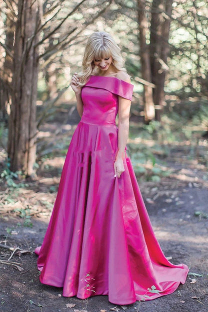 Cheap Fuchsia Off Shoulder Satin A Line Long Prom Dress BD22156