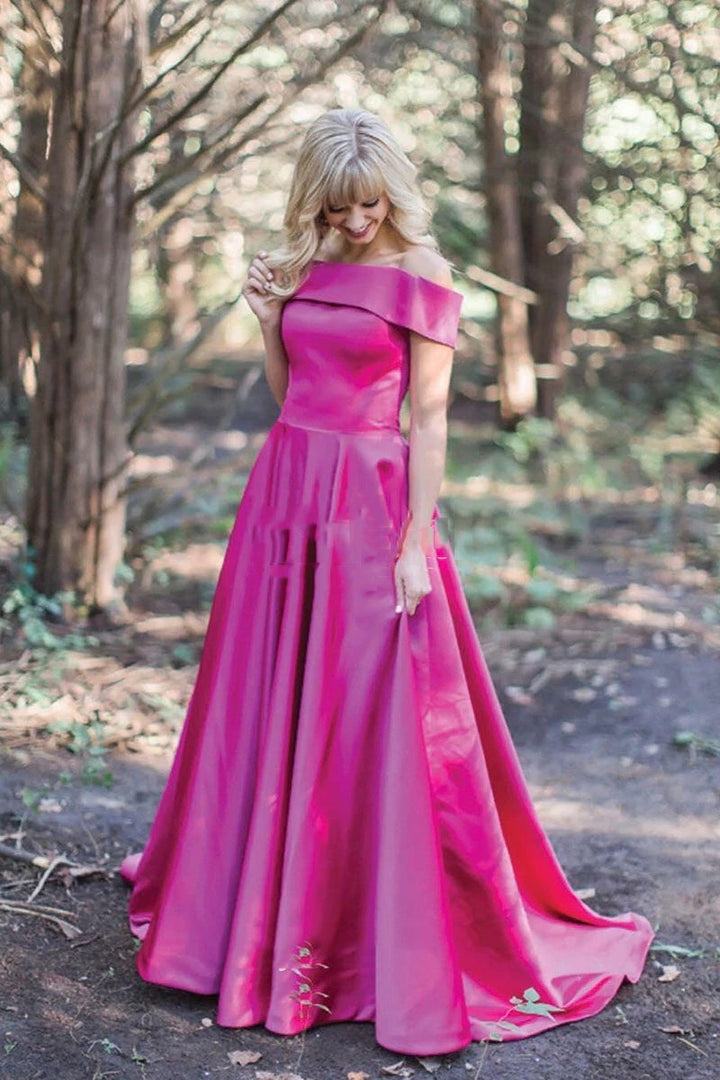 Cheap Fuchsia Off Shoulder Satin A Line Long Prom Dress BD22156