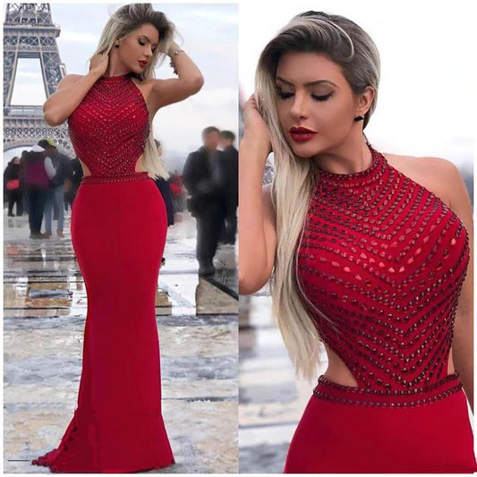 Sexy Red Mermaid Backless Beaded Long Prom Dress BD22141