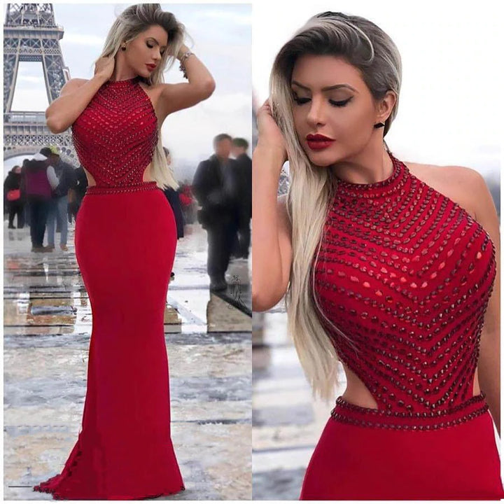 Sexy Red Mermaid Backless Beaded Long Prom Dress BD22141