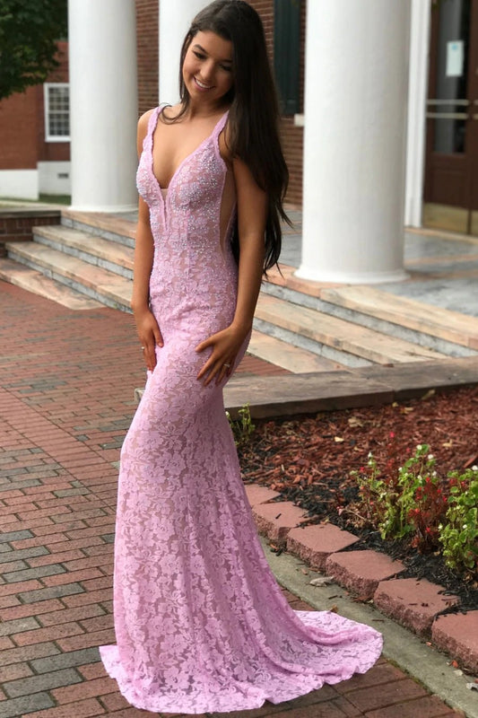 Amazing Sheath Sweetheart Pink Backless Lace Long Prom Dress BD22171