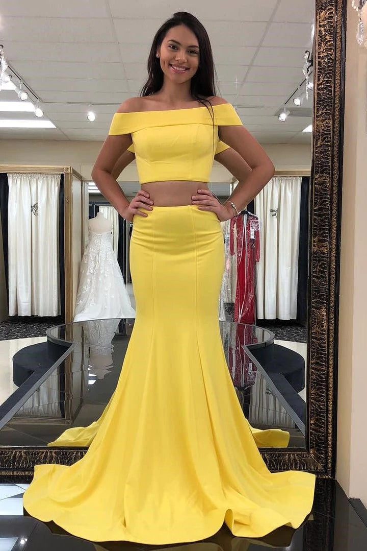 Sexy Mermaid Satin Yellow Off Shoulder Two Pieces Long Prom Dress BD22143
