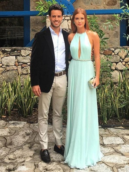 Newly A Line Chiffon Mint Green Halter Backless Long Prom Dress BD22158
