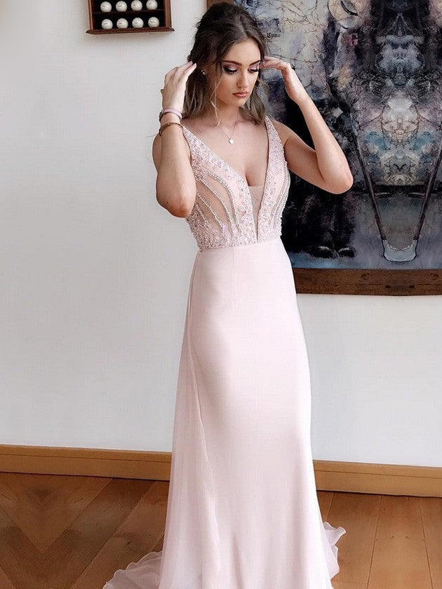 Elegant Blushing Pink Sheath V Neck Beaded Chiffon Long Prom Dress BD22157