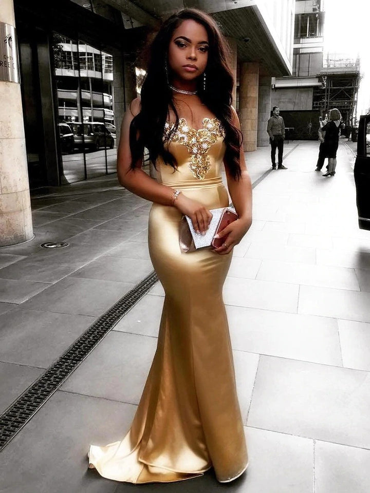 Sexy Mermaid Elastic Satin Gold Sweetheart Zipper Back Long Prom Dress BD22140