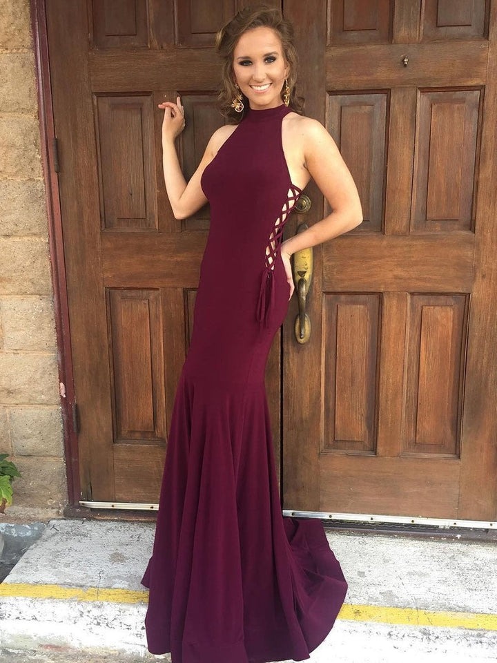 Sexy Burgundy Halter Sheath Stretchy Lace Up Side Long Prom Dress BD22172