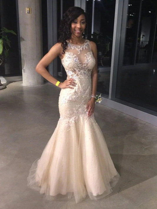 Sexy Mermaid Pearl Pink Tulle Scoop Long Prom Dress With Appliques  BD22169
