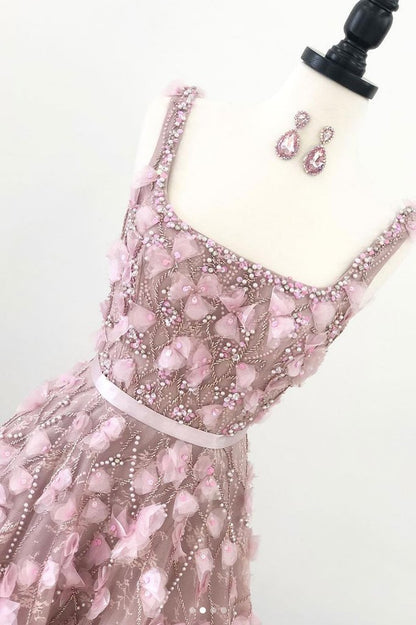 Gorgeous Pink 3 D Flower Appliques Lace Long A line Prom Dress,BP09