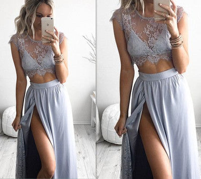gray prom dress,long prom dress,lace prom dress,two pieces prom dress,slit prom dress,BD620