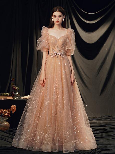Champagne sweetheart tulle lace long prom dresses lace formal dresses,PD2208