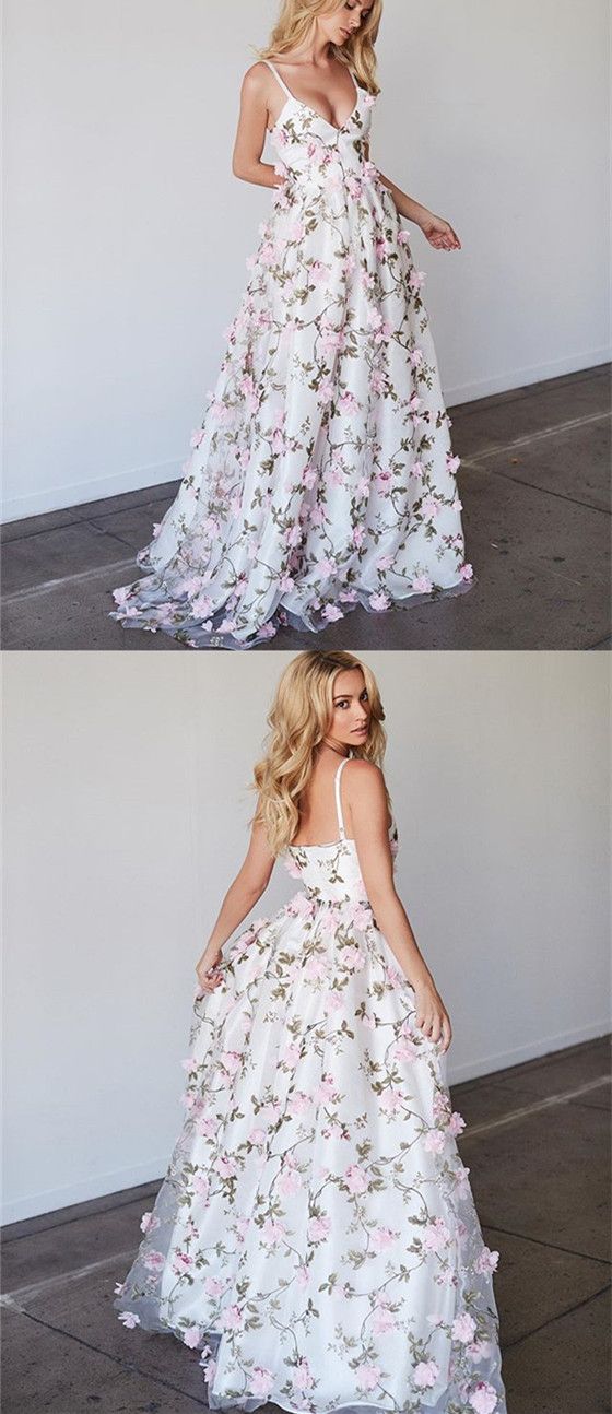 Spaghetti V-neck Floral A-line Prom Dresses, Unique Evening Gown, Long Prom Dresses,BD41521