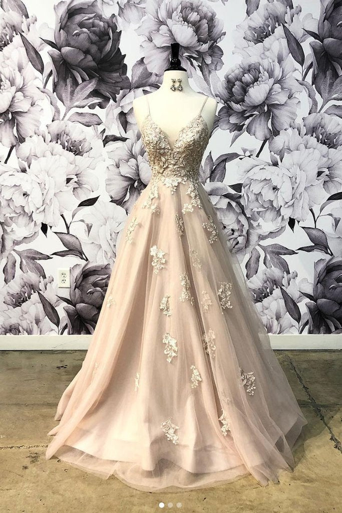 spaghetti straps champagne tulle and lace appliques A-line prom dress ,HO156