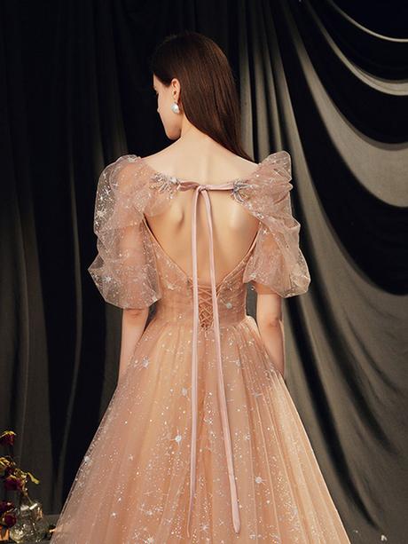 Champagne sweetheart tulle lace long prom dresses lace formal dresses,PD2208