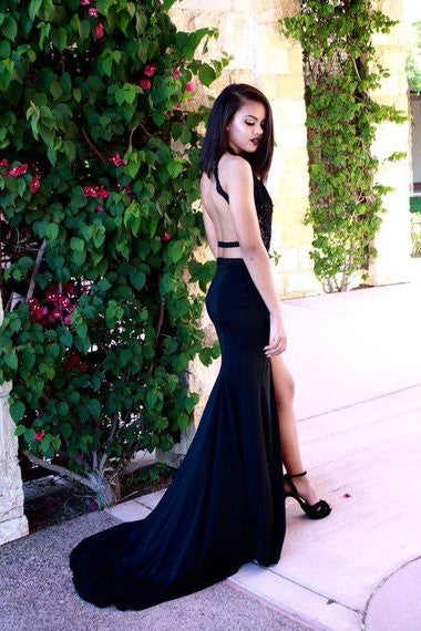 Evening Dress,long evening dress,black Prom Dress,open back prom dress, side slit evening dress,BD8941