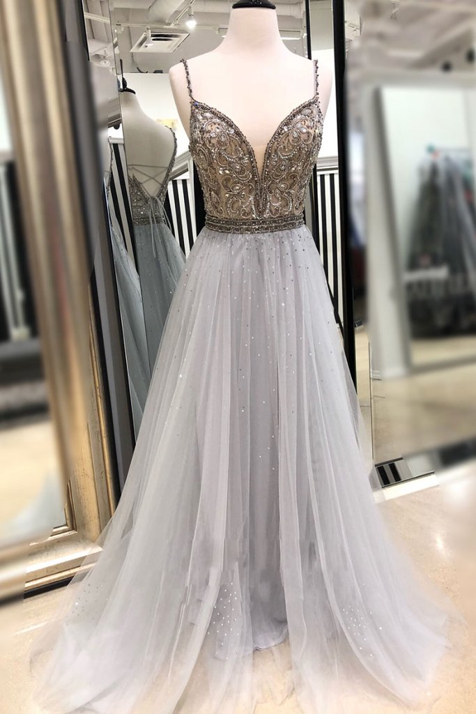 spaghetti straps beaded top charming tulle prom dress long grey party dress,HO165
