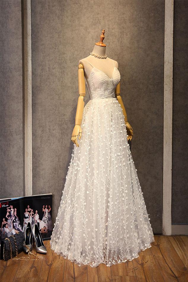 elegant spaghetti straps white lace long prom dress party dress for girls,HO117