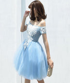 Cute Tulle Blue Lace Short Prom Dresses, Cute Homecoming Dresses,PD4558963