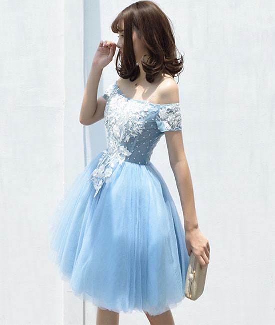 Cute Tulle Blue Lace Short Prom Dresses, Cute Homecoming Dresses,PD4558963