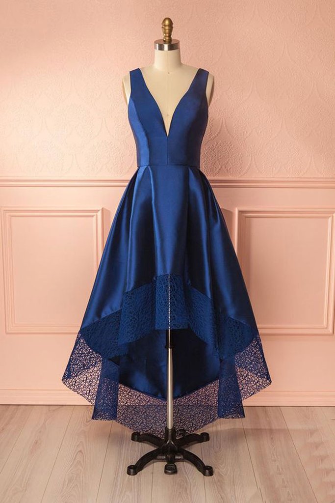 simple cheap hi-lo navy v-neck prom dress,HO171