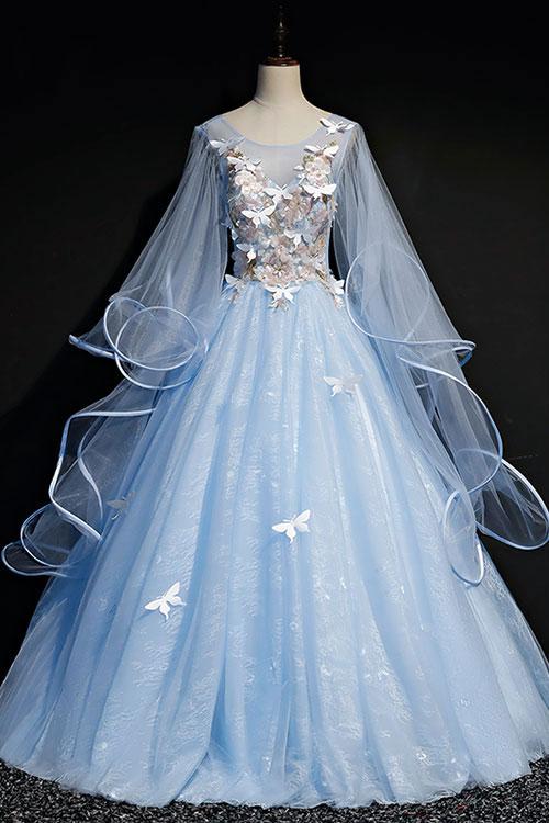 charming princess blue long sleeves tulle long prom dress,HO146