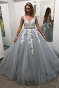 Gray tulle with lace appliques A-line long popular long prom dress,HO109