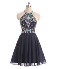 Dark Blue Beads Short Prom Dresses, Cute Dark Blue Homecoming Dresses,PD4558964