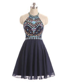 Dark Blue Beads Short Prom Dresses, Cute Dark Blue Homecoming Dresses,PD4558964