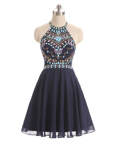 Dark Blue Beads Short Prom Dresses, Cute Dark Blue Homecoming Dresses,PD4558964