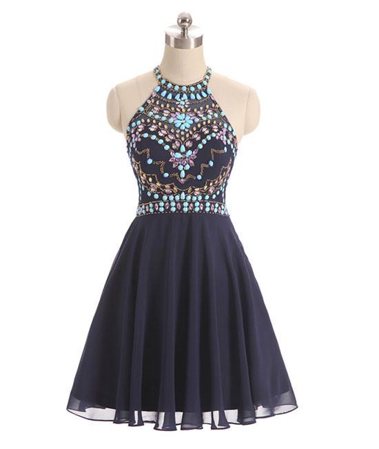 Dark Blue Beads Short Prom Dresses, Cute Dark Blue Homecoming Dresses,PD4558964