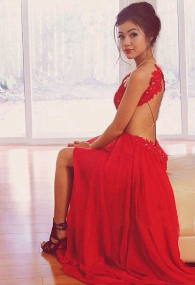 red Prom Dress,long prom dress,backless prom dress,lace evening dress,BD706