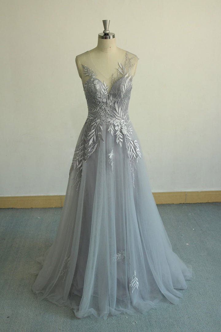 v neck tulle lace long prom dress, gray evening dress,BH91175