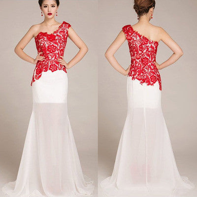 lace Prom Dress,one shoulder prom dress, long prom dress,evening dress,BD0700