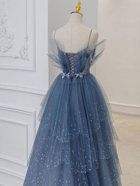 Blue sweetheart tulle sequin long prom dresses, blue evening dress,PD2202