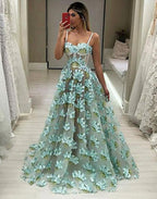 chic spaghetti straps appliques A-line long chic prom dress,HO179